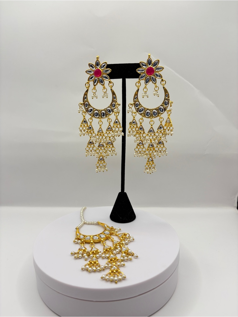Gold-Tone Floral Chandbali Earrings and Tikka with Red Center and Pearl Drops